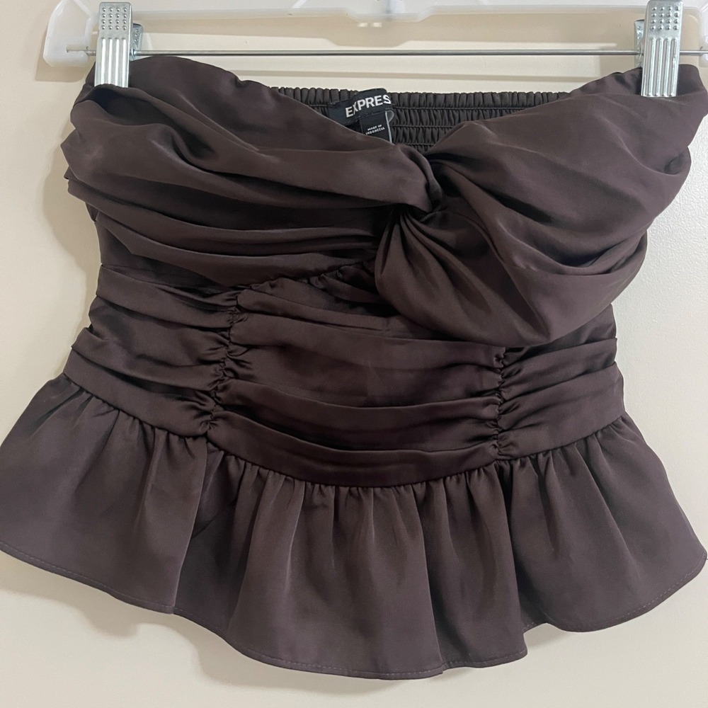 Express Y2K Strapless Top XS Chocolate Brown Ruched Smocked Peplum Coquette Goth